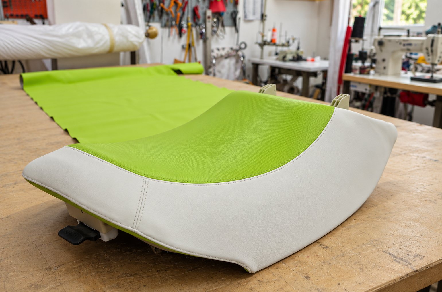 Sedile in similpelle verde e crema sul banco